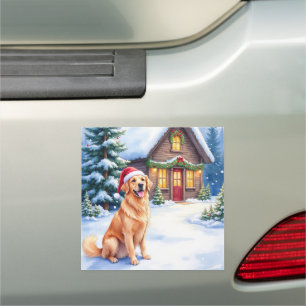Golden Retriever Rustic Cabin Santa Hat Christmas Car Magnet