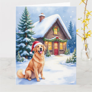 Golden Retriever Rustic Cabin Santa Hat Christmas Card