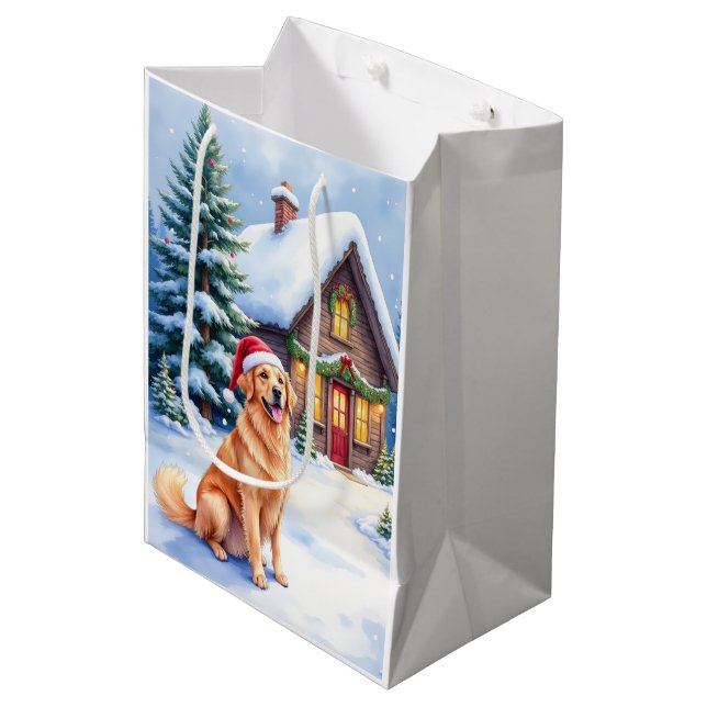 Golden Retriever Rustic Cabin Santa Hat Christmas Medium Gift Bag (Front Angled)