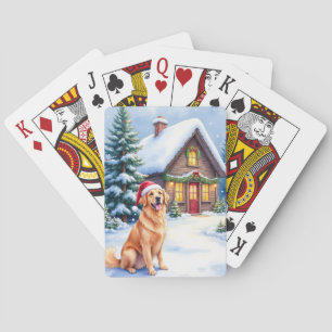 Golden Retriever Rustic Cabin Santa Hat Christmas Poker Cards
