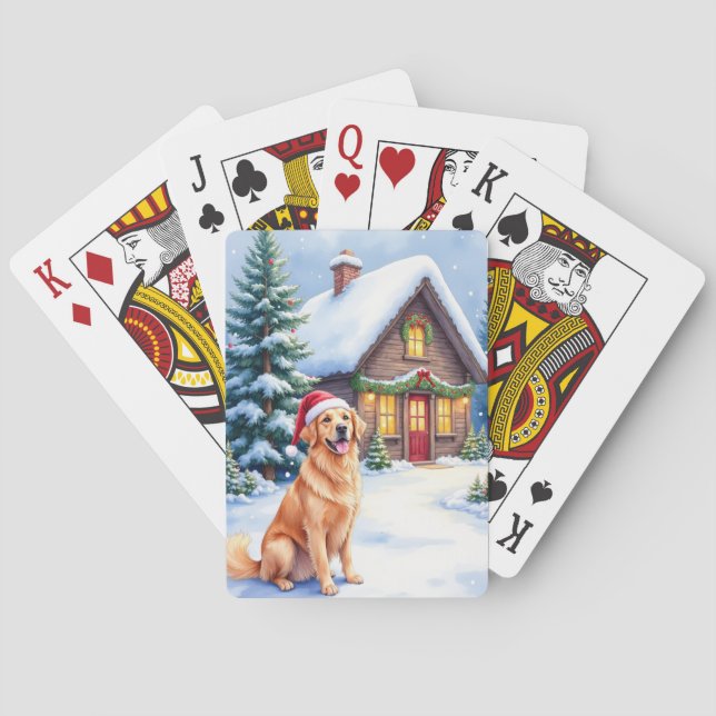 Golden Retriever Rustic Cabin Santa Hat Christmas Poker Cards (Back)
