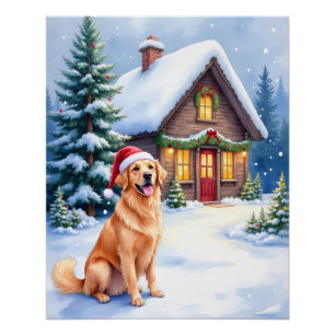 Golden Retriever Rustic Cabin Santa Hat Christmas Poster