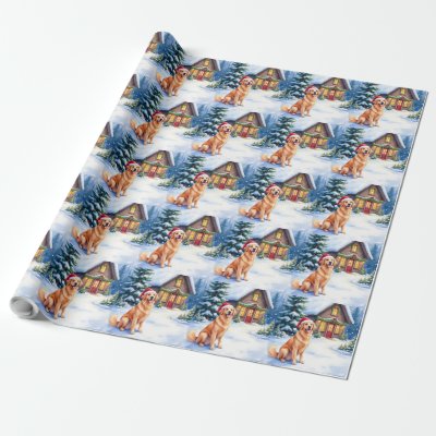 Golden Retriever Rustic Cabin Santa Hat Christmas Wrapping Paper