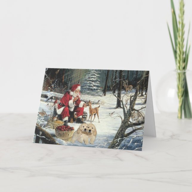 Golden Retriever Santa and Deer  Christmas Card (Front)