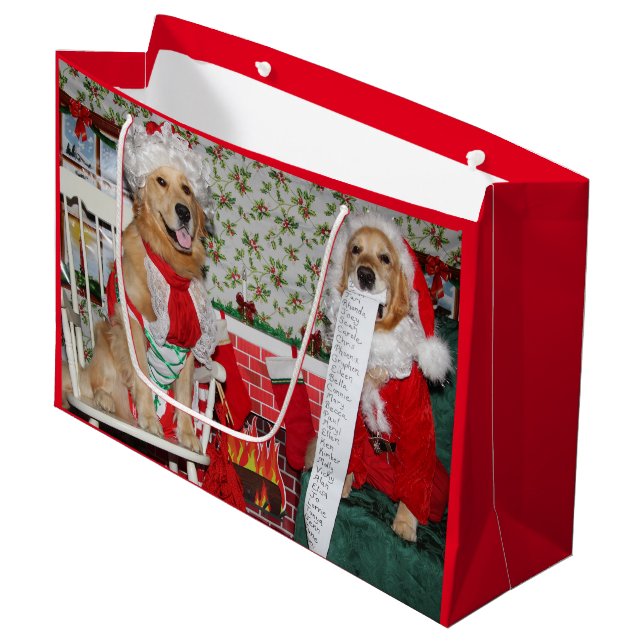 Golden Retriever Santa and Mrs. Claus Large Gift Bag (Front Angled)