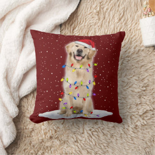 Golden retriever Santa Christmas Tree Lights Xmas Throw Pillow