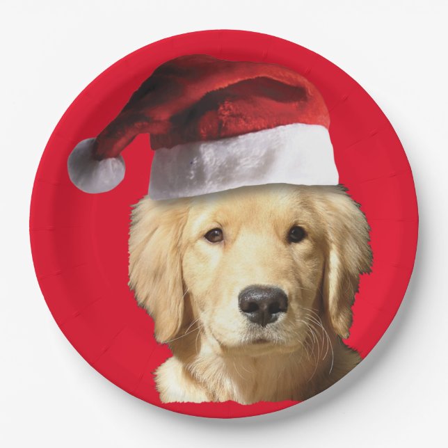 Golden Retriever Santa Claus Paper Plates (Front)