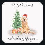 Golden Retriever Santa Dog Merry Christmas Square Sticker<br><div class="desc">Add the finishing touch to your holiday cards, gifts wrapping or party this holiday season with this elegant Merry Christmas golden retriever santa dog christmas stickers, and matching decor. This golden retriever holiday stickers features a watercolor dog in a santa hat and tree. This golden retriever stickers will be a...</div>