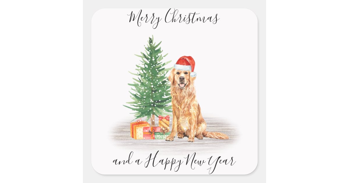 Golden Retriever Santa Dog Merry Christmas Square Sticker | Zazzle