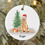 Golden Retriever Santa Dog Personalized Christmas Ceramic Ornament<br><div class="desc">Decorate your tree or give a special gift this holiday season with this golden retriever santa dog christmas ornament, and matching decor. This golden retriever christmas ornament features a watercolor dog in a santa hat and tree. Personalize with name front, year back. This golden retriever christmas ornament will be a...</div>