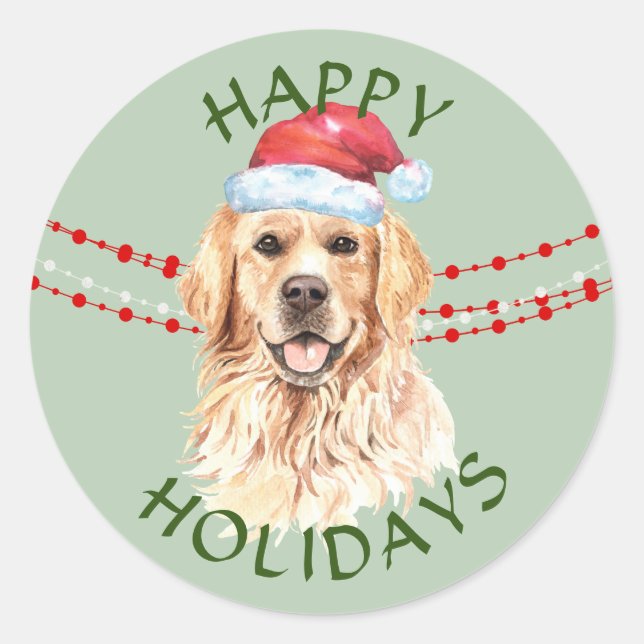 Golden Retriever Santa Hat Happy Holidays Classic Round Sticker (Front)