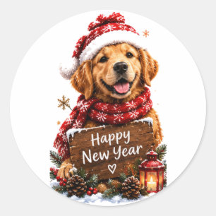 Golden Retriever Santa Hat Happy New Year Classic Round Sticker