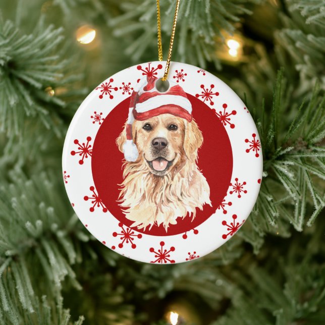 Golden Retriever Santa Hat Red Snowflake Ceramic Ornament (Tree)