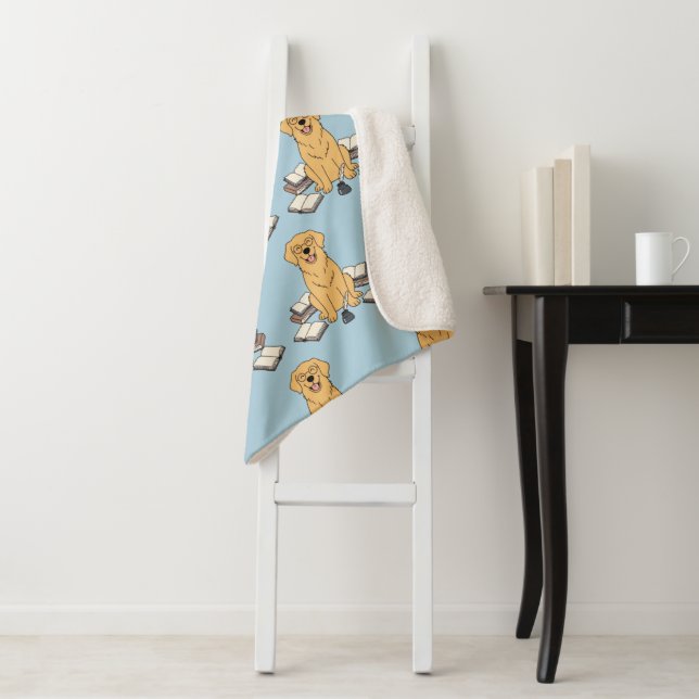 Golden Retriever Scholar Blue Aesthetic Pattern Sherpa Blanket (In Situ)