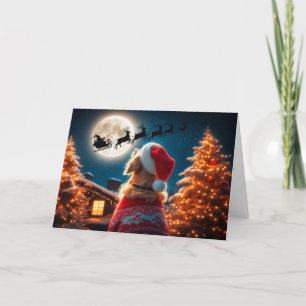 Golden Retriever Sees Santa Fly Christmas Card