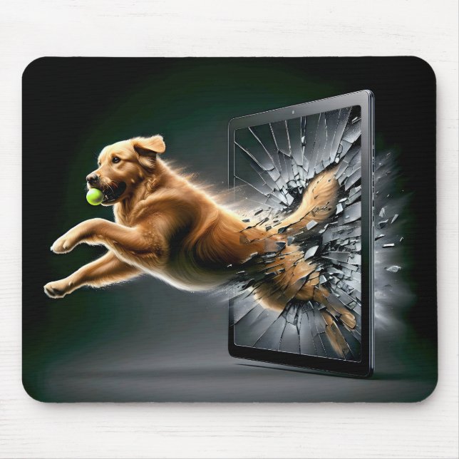 Golden Retriever Shattering a Tablet Screen Mouse Pad (Front)