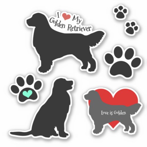 Golden Retriever Silhouette and Pawprints Group Sticker