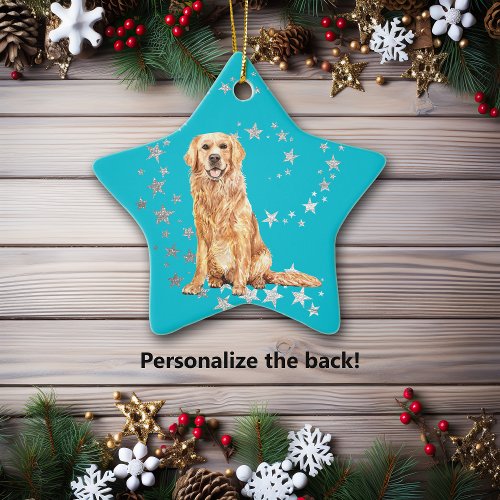 Golden Retriever Silver Stars Teal Christmas Ceramic Ornament