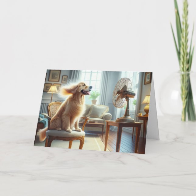 Golden Retriever Sitting in Front of Fan Card (Front)