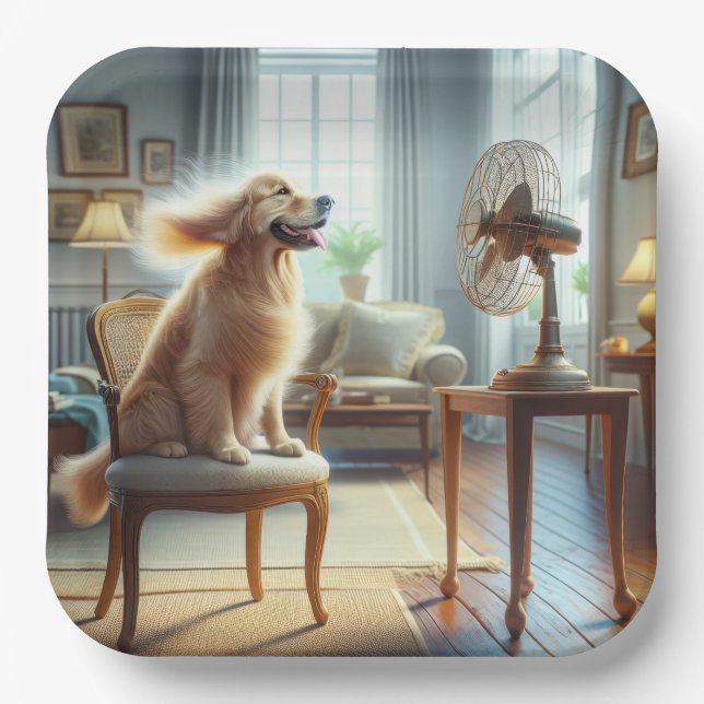 Golden Retriever Sitting in Front of Fan Paper Plates (Front)