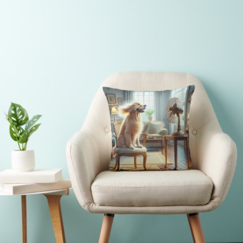 Golden Retriever Sitting in Front of Fan Throw Pillow