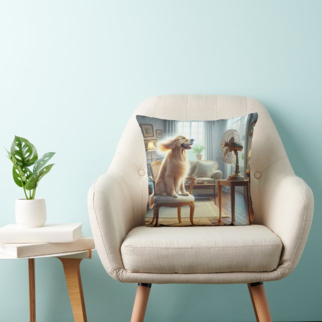 Golden Retriever Sitting in Front of Fan Throw Pillow (Chair)