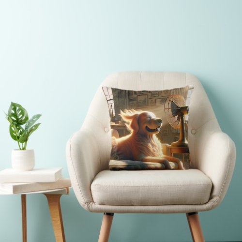 Golden Retriever Sitting in Front of Fan Throw Pillow