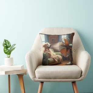 Golden Retriever Sitting in Front of Retro Fan Throw Pillow