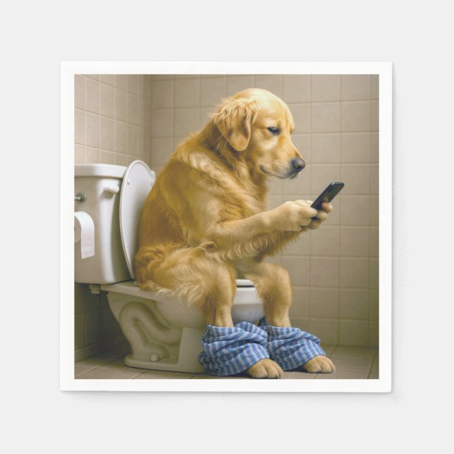 Golden Retriever Sitting On the Toilet Texting Napkins (Front)