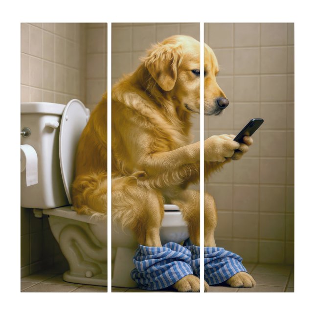 Golden Retriever Sitting On the Toilet Texting Triptych (Front)