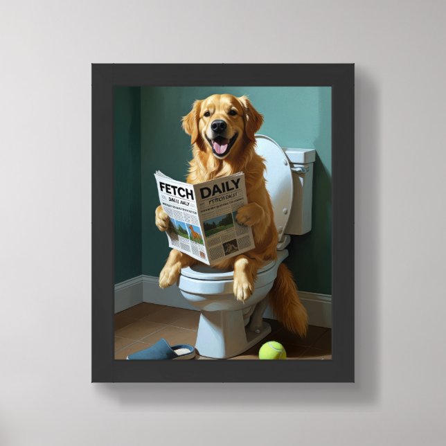 Golden Retriever Sitting On Toilet Funny Framed Art (Framed Front)