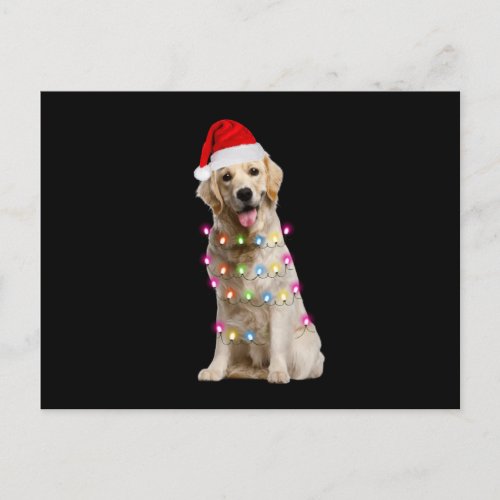 golden retriever sitting with christmas postcard