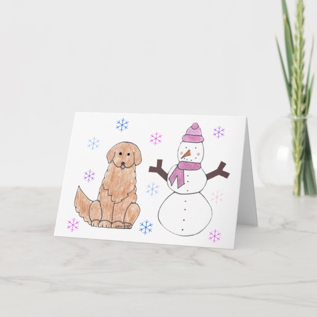 Golden Retriever & Snowman Holiday Card (Front)