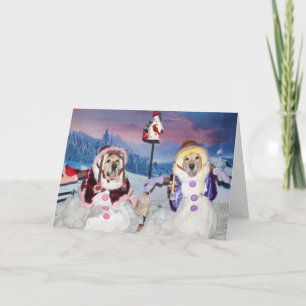 Golden Retriever Snowwomen Feeding Birds Holiday Card
