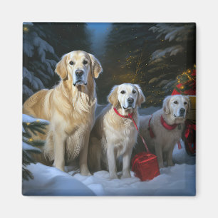 Golden Retriever Snowy Sleigh Christmas Decor Magnet
