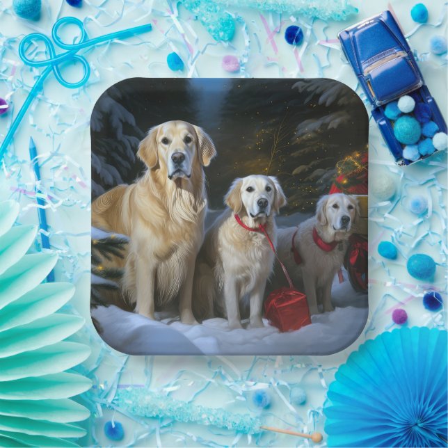 Golden Retriever Snowy Sleigh Christmas Decor  Paper Plates (Party)