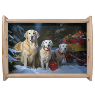 Golden Retriever Snowy Sleigh Christmas Decor Serving Tray