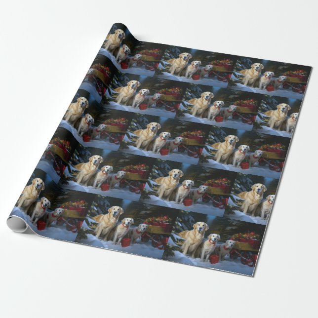 Golden Retriever Snowy Sleigh Christmas Decor  Wrapping Paper (Unrolled)