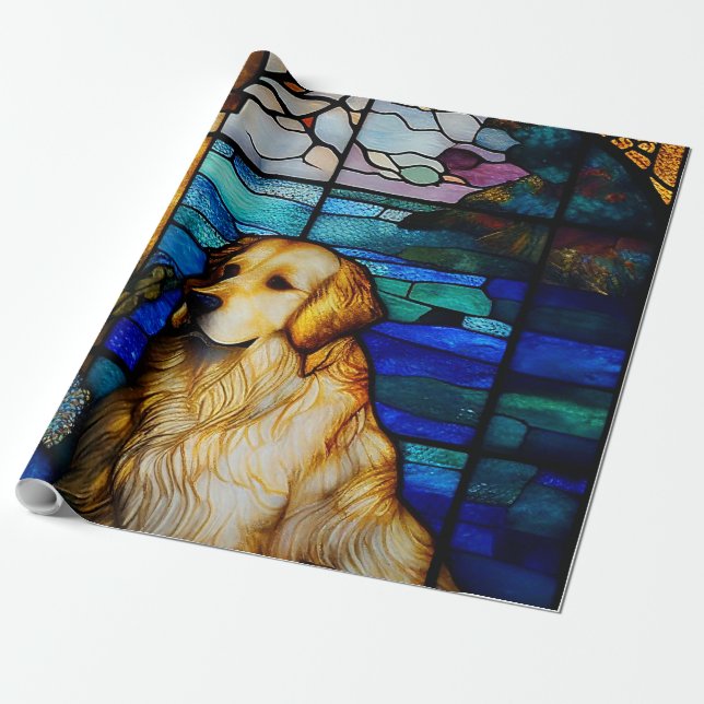 Golden Retriever Stained Glass Pattern Dog Wrapping Paper (Unrolled)
