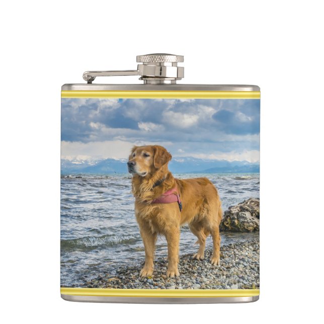 Golden Retriever standing on the blue ocean rocky Flask (Front)