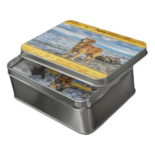 Golden Retriever standing on the blue ocean rocky Jigsaw Puzzle
