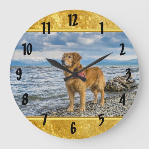 Golden Retriever standing on the blue ocean rocky Large Clock