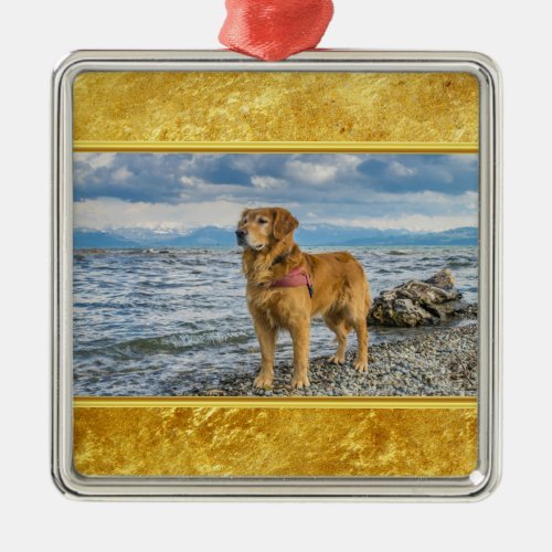 Golden Retriever standing on the blue ocean rocky Metal Ornament