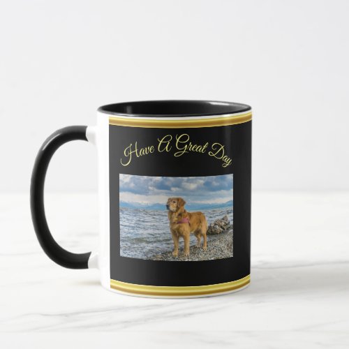 Golden Retriever standing on the blue ocean rocky Mug