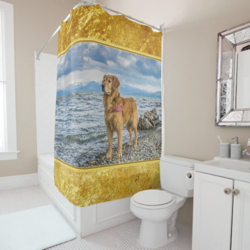 Golden Retriever standing on the blue ocean rocky Shower Curtain