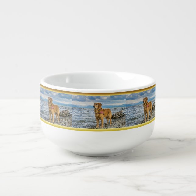 Golden Retriever standing on the blue ocean rocky Soup Mug (Front)