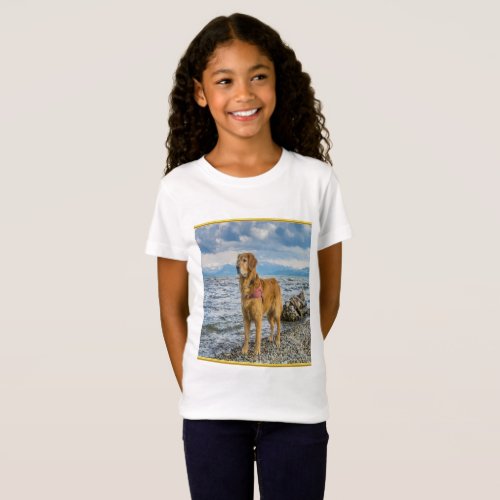 Golden Retriever standing on the blue ocean rocky T_Shirt