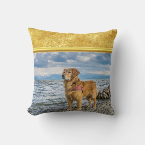 Golden Retriever standing on the blue ocean rocky Throw Pillow