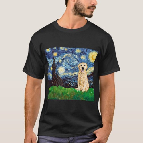 Golden Retriever Starry Night Inspired Goldie Dog  T_Shirt