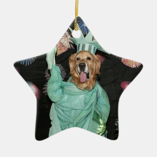 Golden Retriever Statue of Liberty Ceramic Ornament (Front)